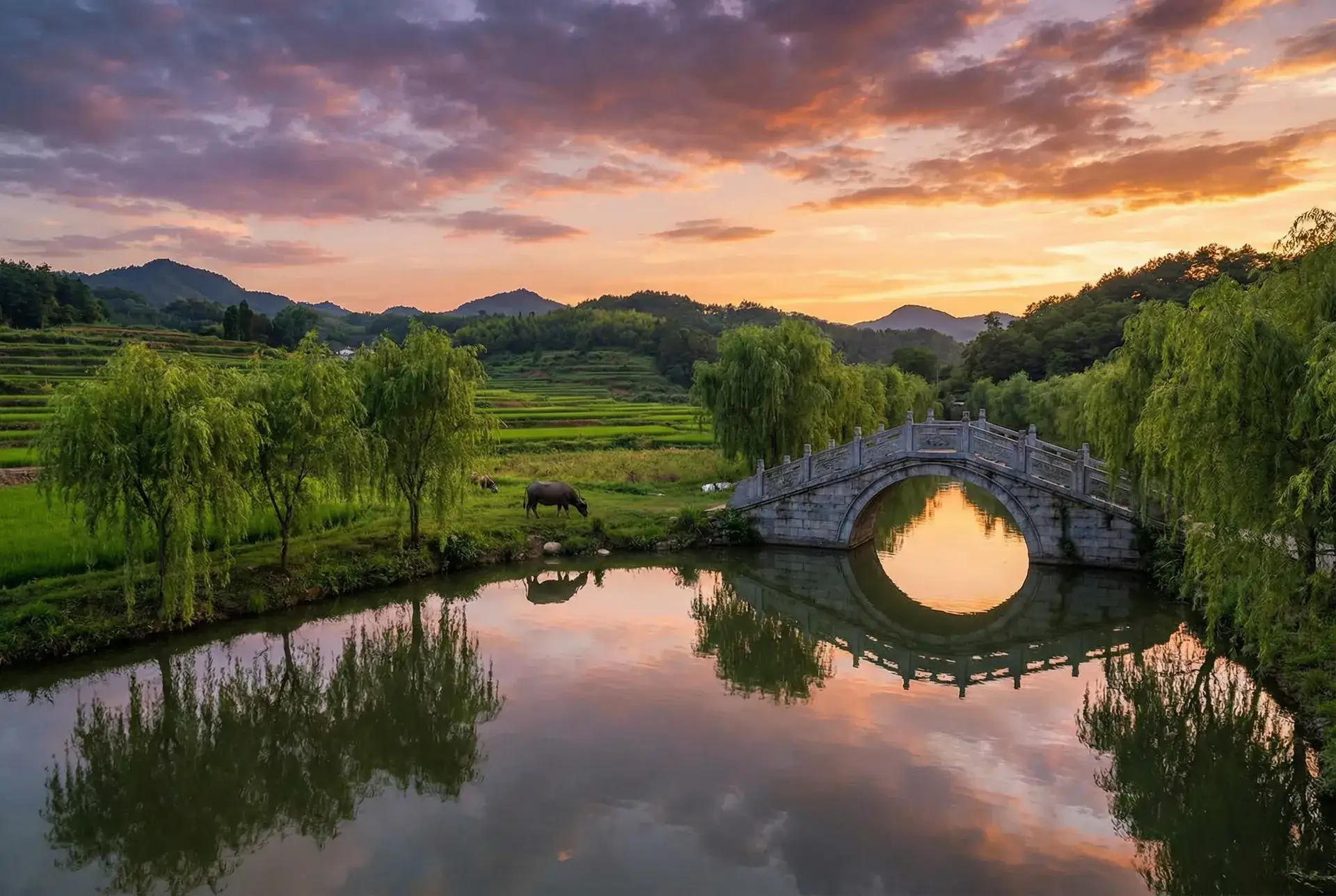 夕阳下的石拱桥与垂柳，水牛在河边吃草 - 女教师二十三歳 乡村美景